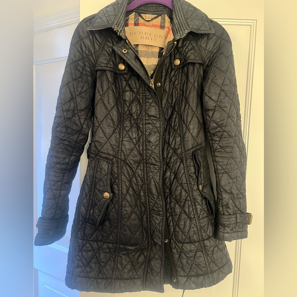 Burberry Brit black Finsbridge quilted coat with belt, Size TP/XS